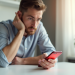 Personne inquiète vérifiant son application bancaire sur smartphone