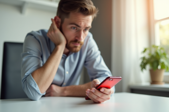 Personne inquiète vérifiant son application bancaire sur smartphone
