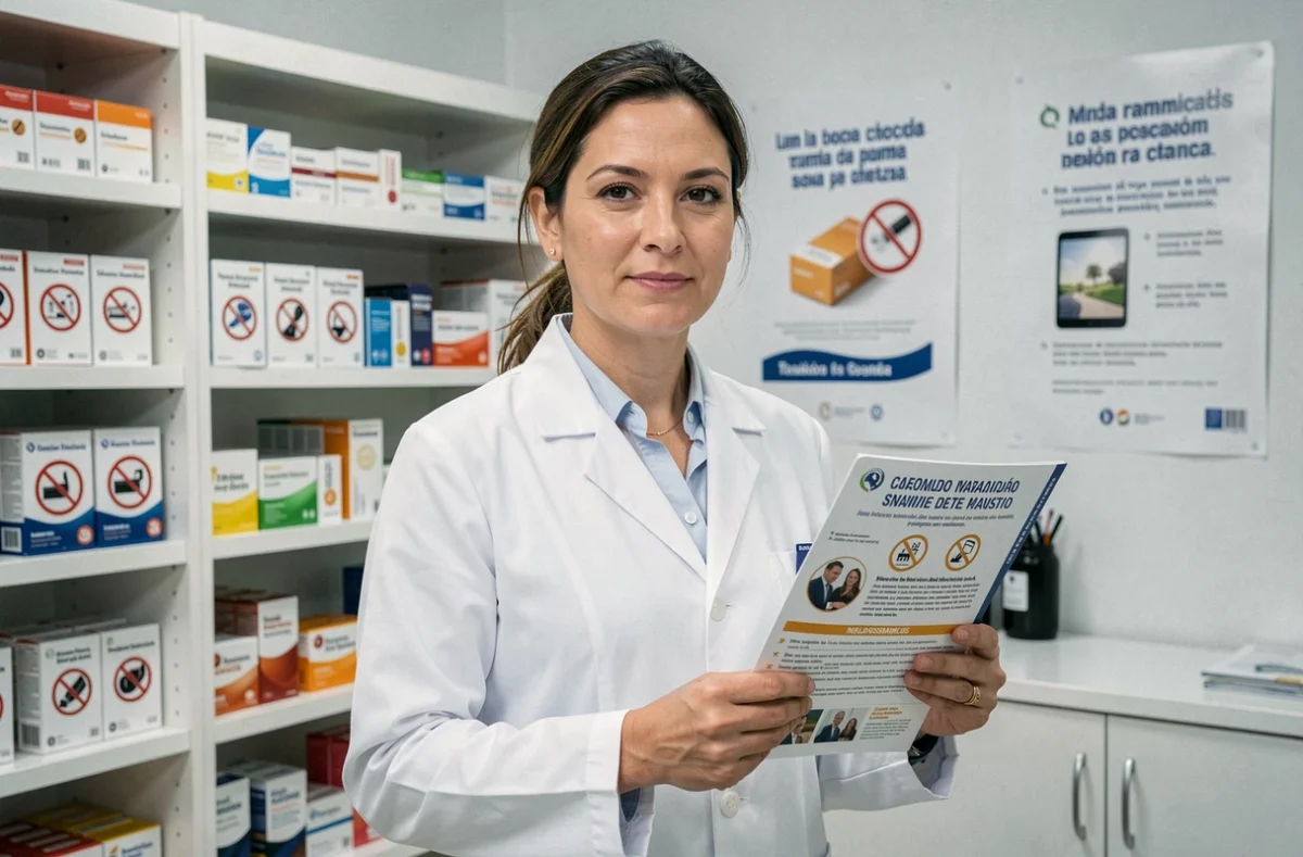 Pharmacienne espagnole devant des produits anti-tabac et des affiches de santé publique sur la politique tabagique en Espagne