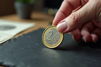 Gros plan d'une pièce de 2 euros rare tenue entre les doigts, détails d'engraving visibles sur ardoise sombre avec loupe et livre de numismatique en arrière-plan