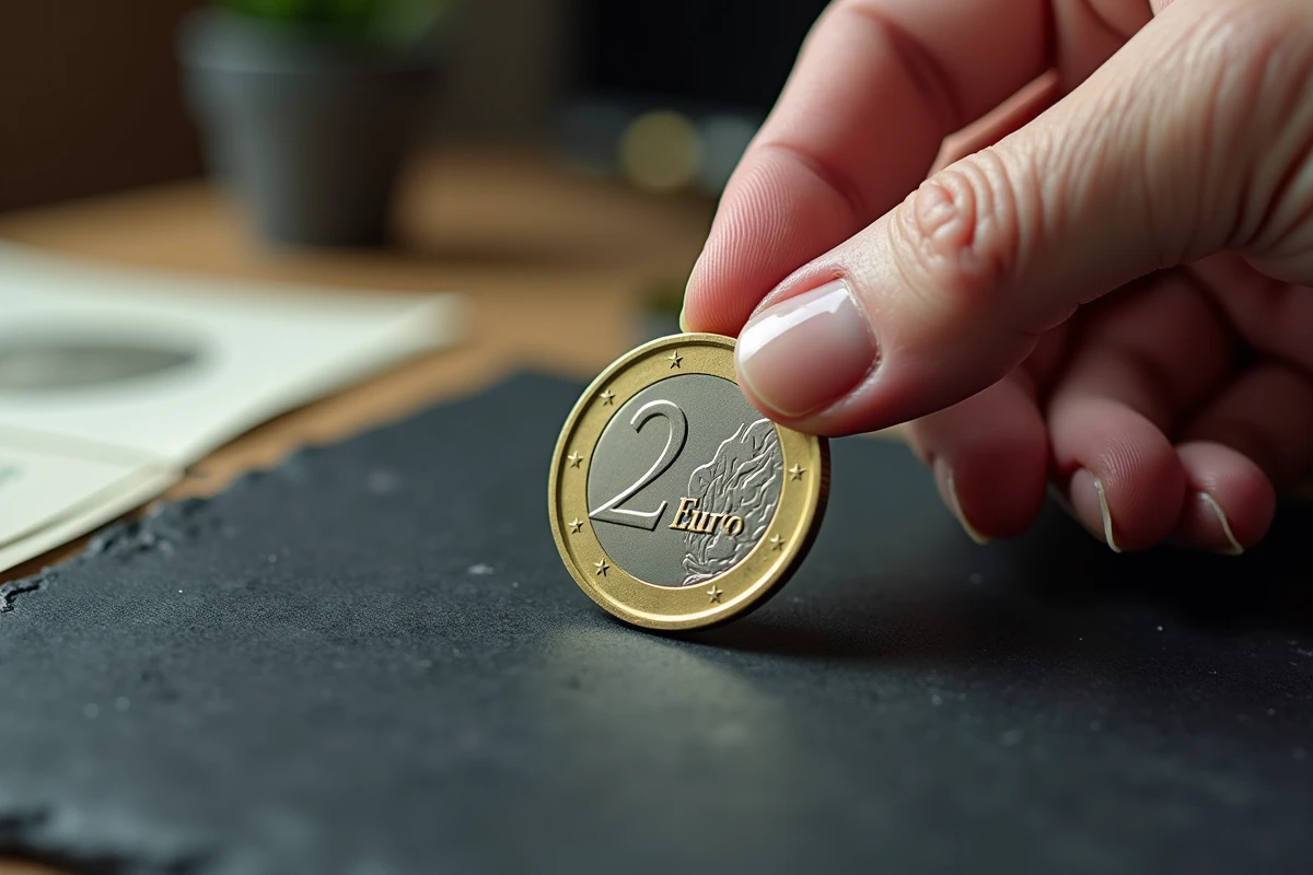 Gros plan d'une pièce de 2 euros rare tenue entre les doigts, détails d'engraving visibles sur ardoise sombre avec loupe et livre de numismatique en arrière-plan