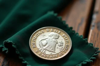 Pièce de 50 francs argent 1977 posée sur un tissu velours vert dans un cadre de collection numismatique