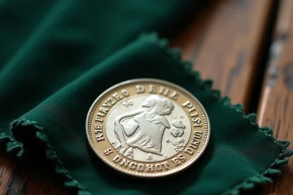Pièce de 50 francs argent 1977 posée sur un tissu velours vert dans un cadre de collection numismatique