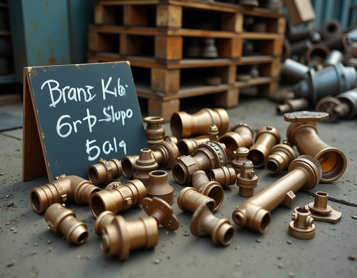 Pièces de bronze de récupération disposées sur béton avec panneau de prix au kilo dans un ferrailleur