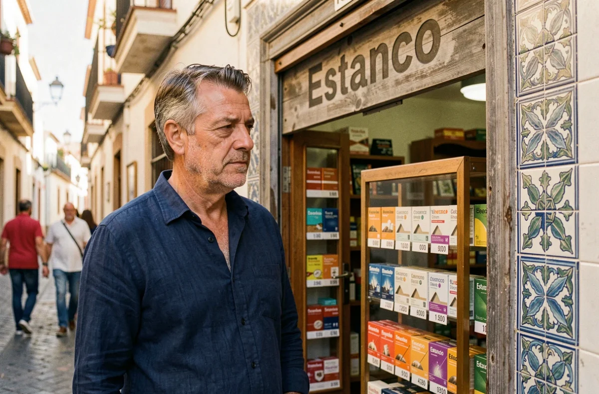Un homme d'âge mûr devant un bureau de tabac espagnol regardant les prix des cigarettes affichés en vitrine