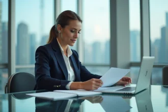 Professionnelle en blazer marine analysant des documents financiers dans un bureau moderne pour optimiser la trésorerie d'entreprise avec un compte à terme Crédit Agricole