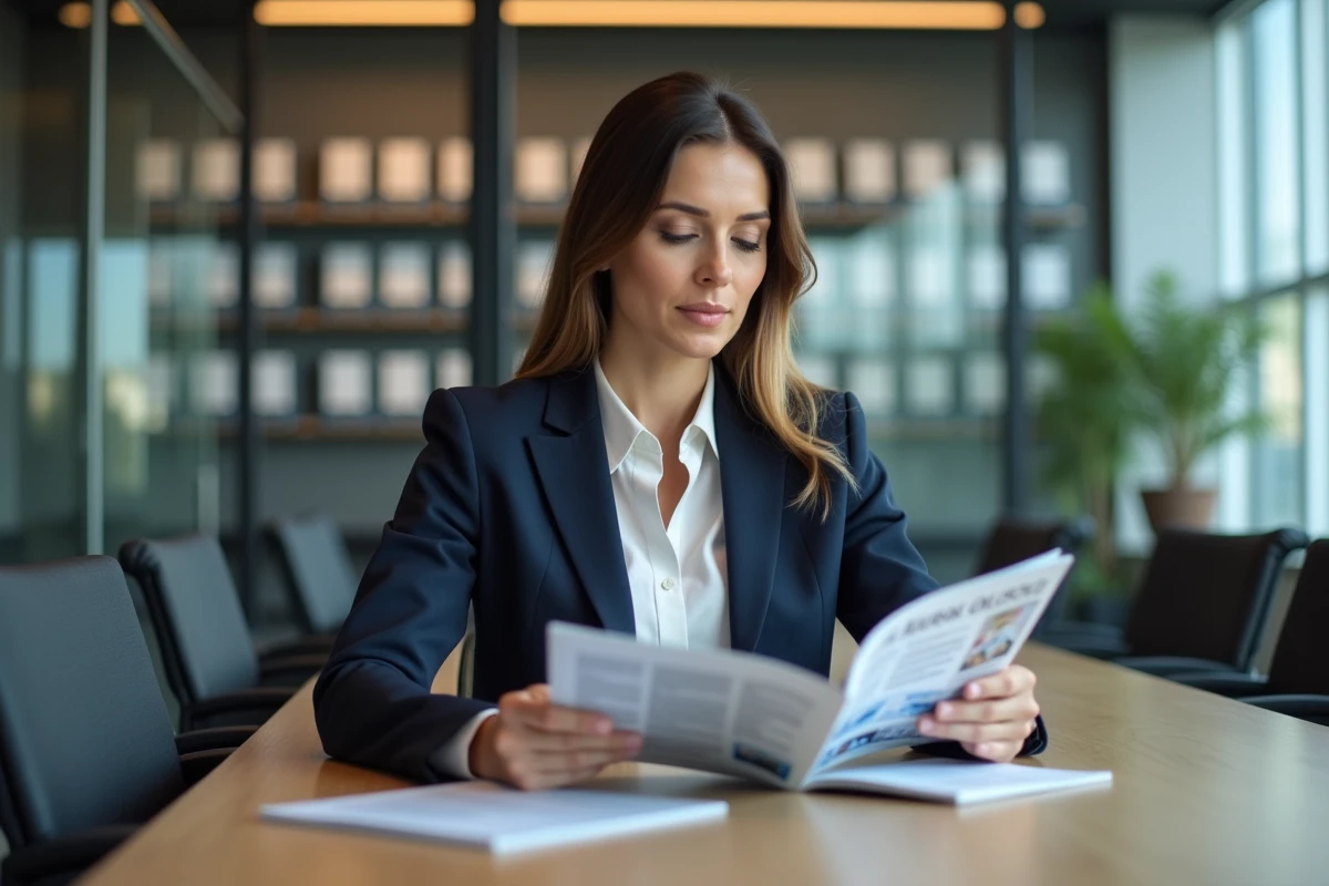 Professionnelle en assurance lisant le magazine Assurances pour se former dans un bureau moderne