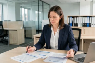 Une professionnelle examine des documents d'assurance protection civile dans un bureau moderne
