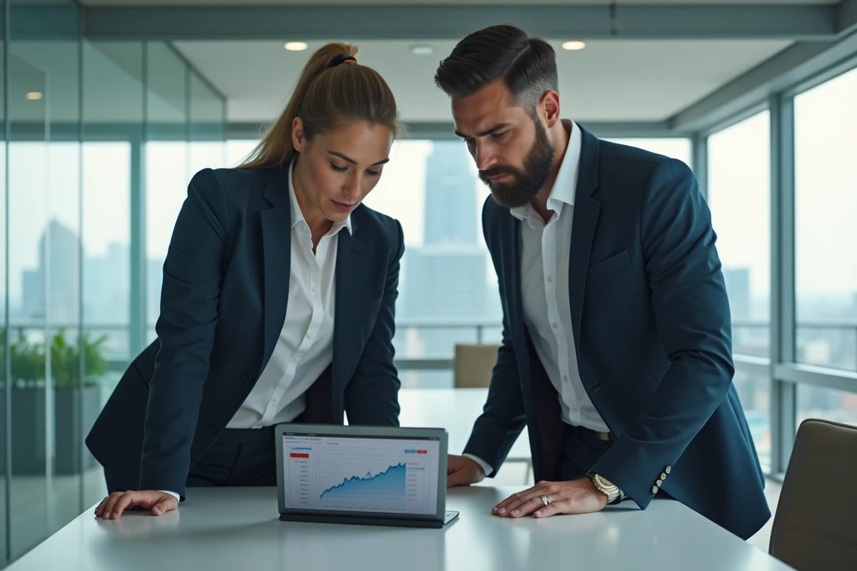 Deux professionnels discutant de stratégies boursières sur une tablette dans un bureau moderne pour éviter les erreurs classiques en investissement