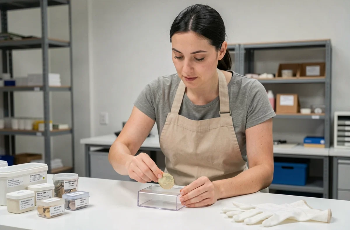 Femme plaçant une pièce 2 euros commémorative JO 2026 dans une capsule de protection transparente