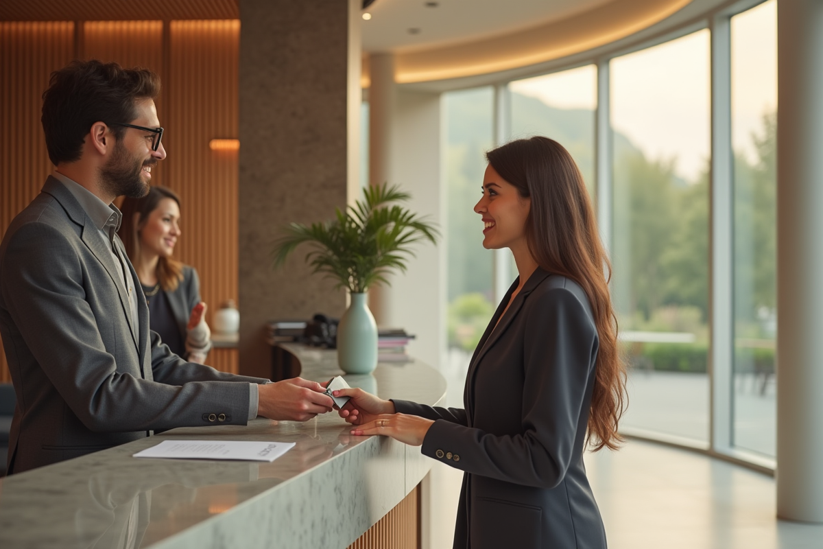 Femme confiante faisant son check-in à la réception d