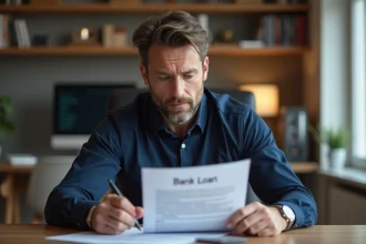 Homme d'affaires examinant un document de prêt bancaire Flex LCL à son bureau à domicile