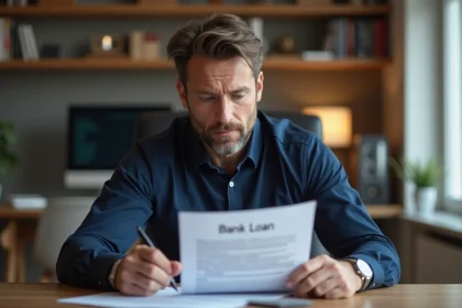 Homme d'affaires examinant un document de prêt bancaire Flex LCL à son bureau à domicile
