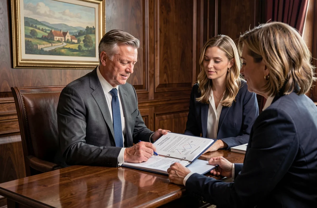 Conseiller REPAM en gestion de patrimoine et assurance recevant des clients dans un cadre élégant