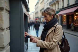 Femme insérant sa carte bancaire dans un distributeur automatique La Banque Postale en ville