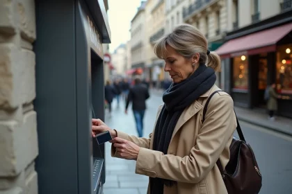 Femme insérant sa carte bancaire dans un distributeur automatique La Banque Postale en ville