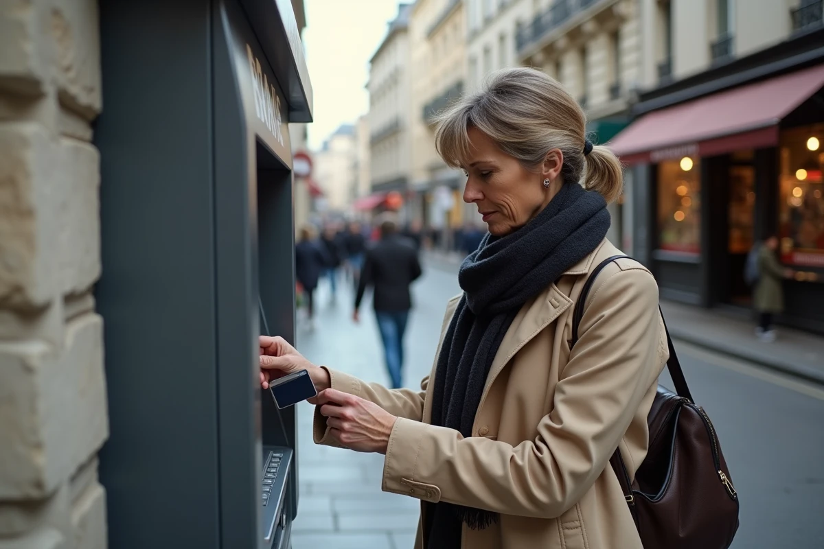 Femme insérant sa carte bancaire dans un distributeur automatique La Banque Postale en ville