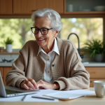 Femme retraitée souriante dans sa cuisine moderne