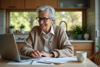 Femme retraitée souriante dans sa cuisine moderne