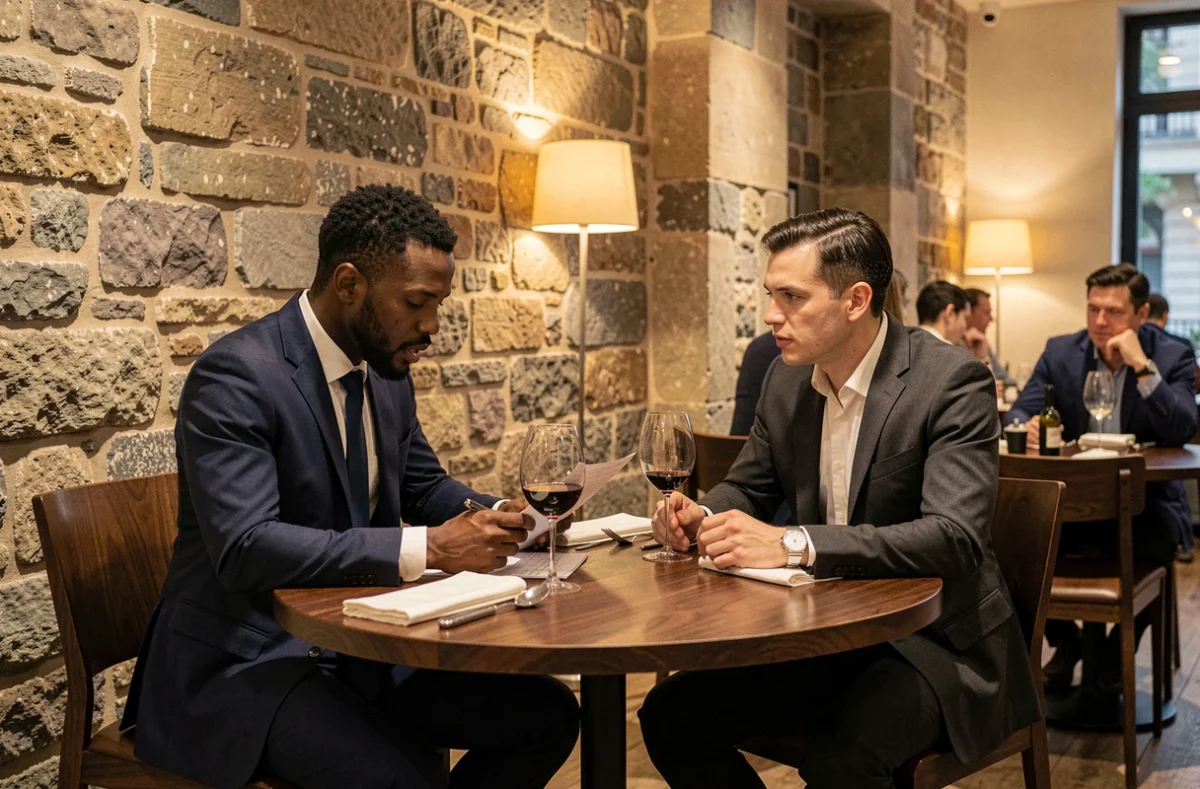 Deux hommes d'affaires en réunion dans un restaurant gastronomique lyonnais aux murs en pierre, illustrant les investissements et le réseau entrepreneurial de Tony Parker à Villeurbanne