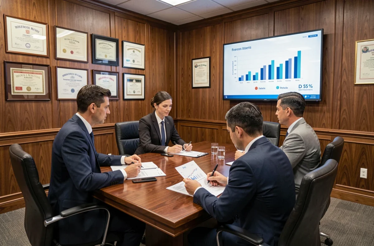 Réunion de dirigeants en salle de conseil examinant des documents financiers et des graphiques de performance