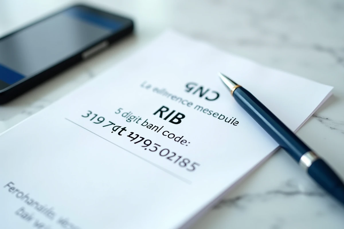 Document RIB Crédit Agricole avec code banque visible posé sur une surface en marbre avec smartphone