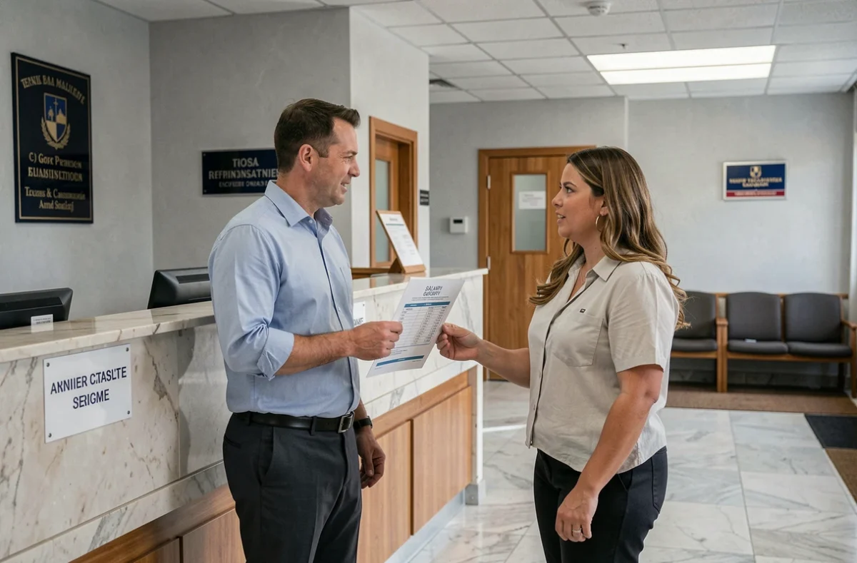 Fonctionnaire dans un bâtiment administratif public discutant d'un document de calcul de salaire net