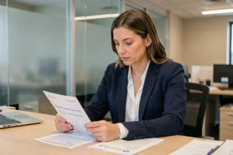 Femme cadre en entreprise privée analysant des fiches de paie et des documents salariaux à son bureau