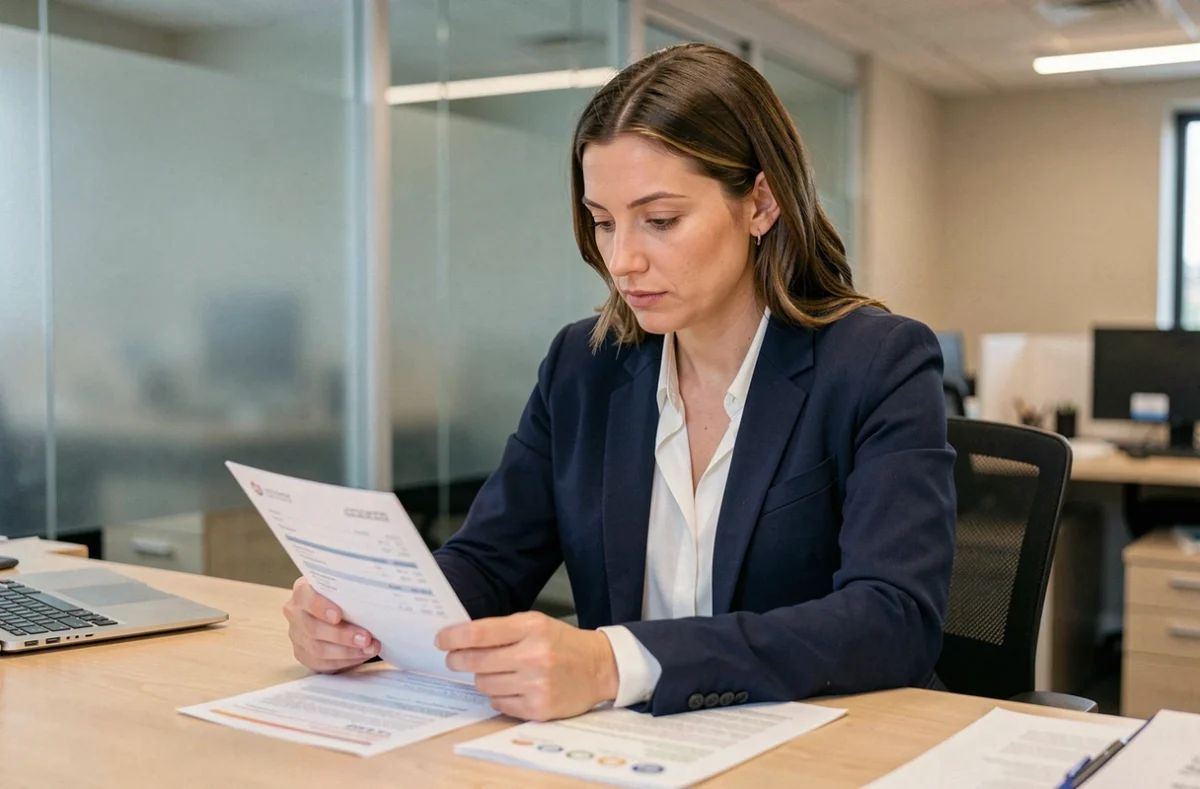 Femme cadre en entreprise privée analysant des fiches de paie et des documents salariaux à son bureau