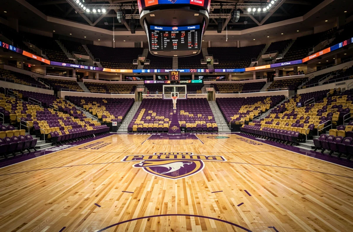 Vue panoramique de l'intérieur d'une salle de basket professionnelle avec parquet brillant et gradins violets, symbole du parcours sportif et entrepreneurial d'un champion NBA
