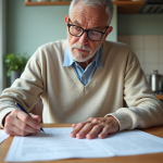 Senior homme préparant ses impots dans la cuisine