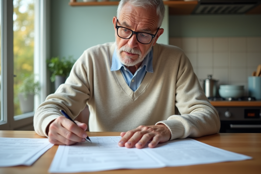 Senior homme préparant ses impots dans la cuisine