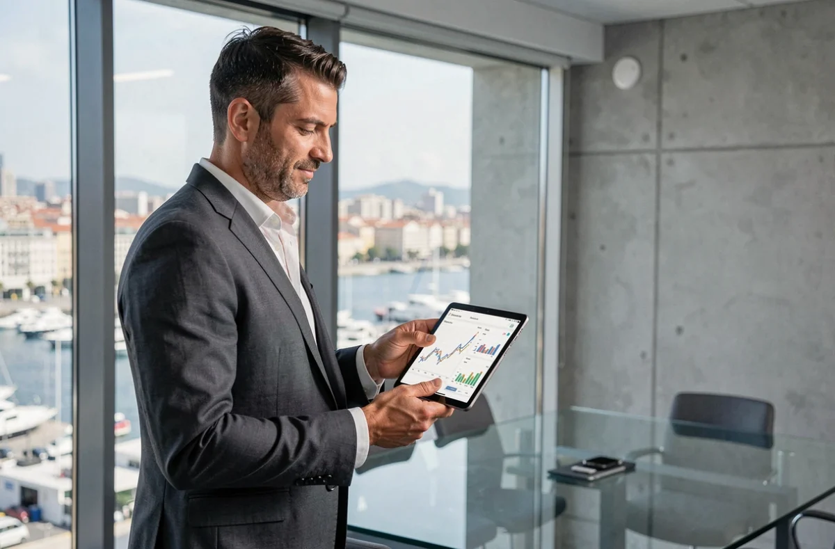 Conseiller financier Sigma Finance présentant des placements dans un bureau de Marseille avec vue sur le Vieux-Port