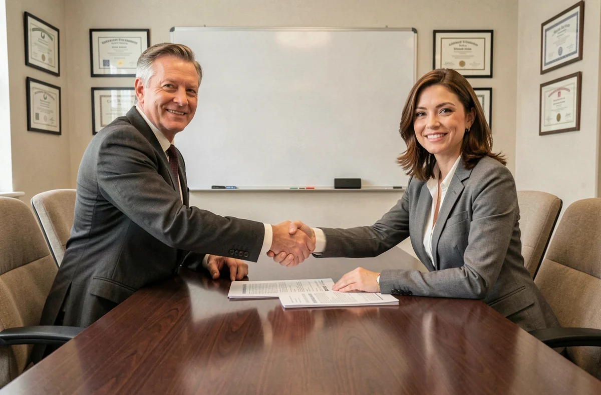 Deux professionnels signent un contrat d'assurance responsabilité civile professionnelle lors d'une réunion