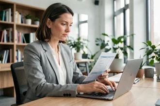 Femme consultant sa fiche de paie au bureau pour comprendre la différence entre le SMIC brut et net en 2026