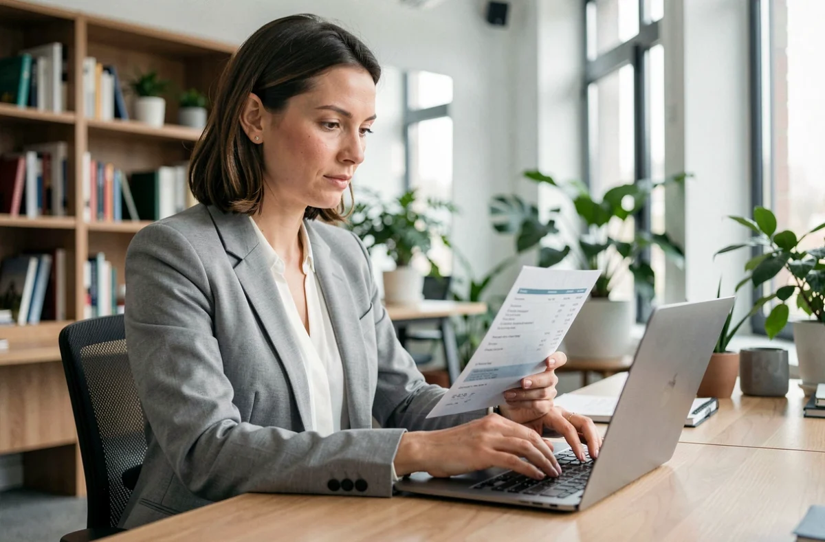 Femme consultant sa fiche de paie au bureau pour comprendre la différence entre le SMIC brut et net en 2026