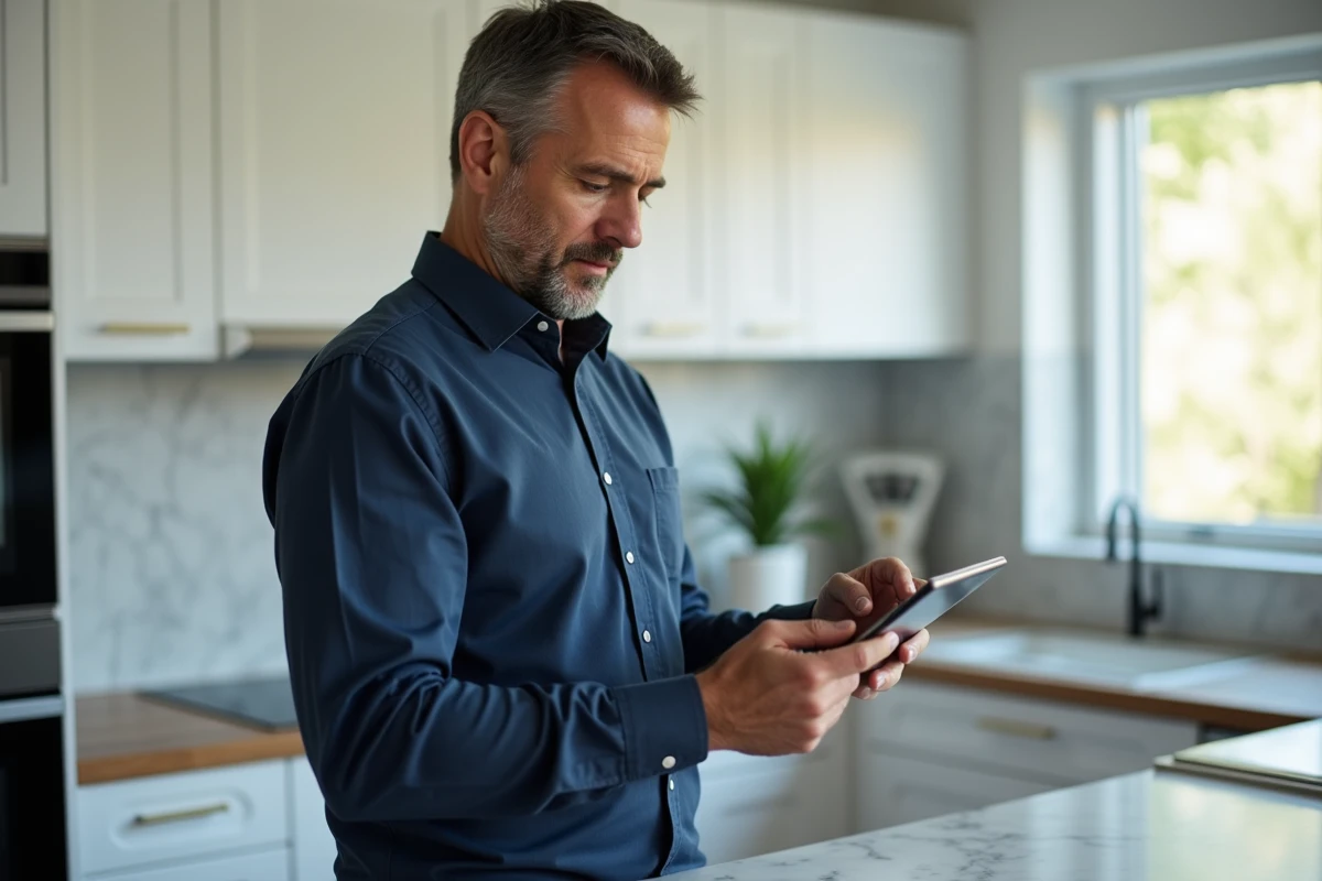 Homme consultant l'application bancaire Caisse d'Épargne sur tablette pour suivre un virement en temps réel