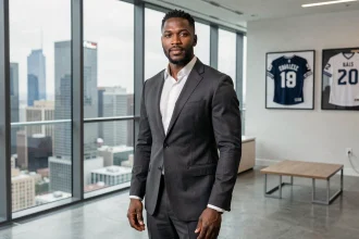 Portrait d'homme d'affaires élégant en costume gris dans un bureau moderne avec vue sur la ville, évoquant la réussite entrepreneuriale de Tony Parker