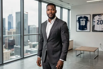 Portrait d'homme d'affaires élégant en costume gris dans un bureau moderne avec vue sur la ville, évoquant la réussite entrepreneuriale de Tony Parker