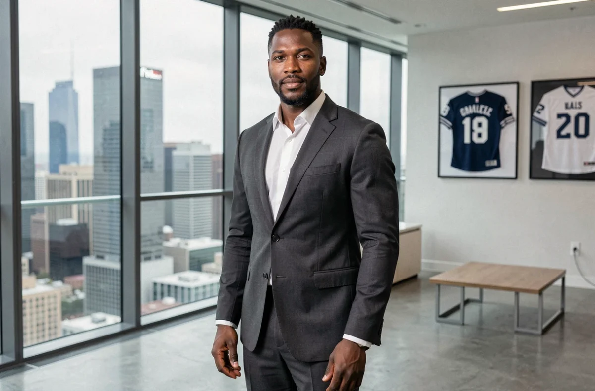 Portrait d'homme d'affaires élégant en costume gris dans un bureau moderne avec vue sur la ville, évoquant la réussite entrepreneuriale de Tony Parker