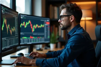 Trader analyseant des graphiques boursiers sur plusieurs écrans pour couvrir son portefeuille avec des turbos