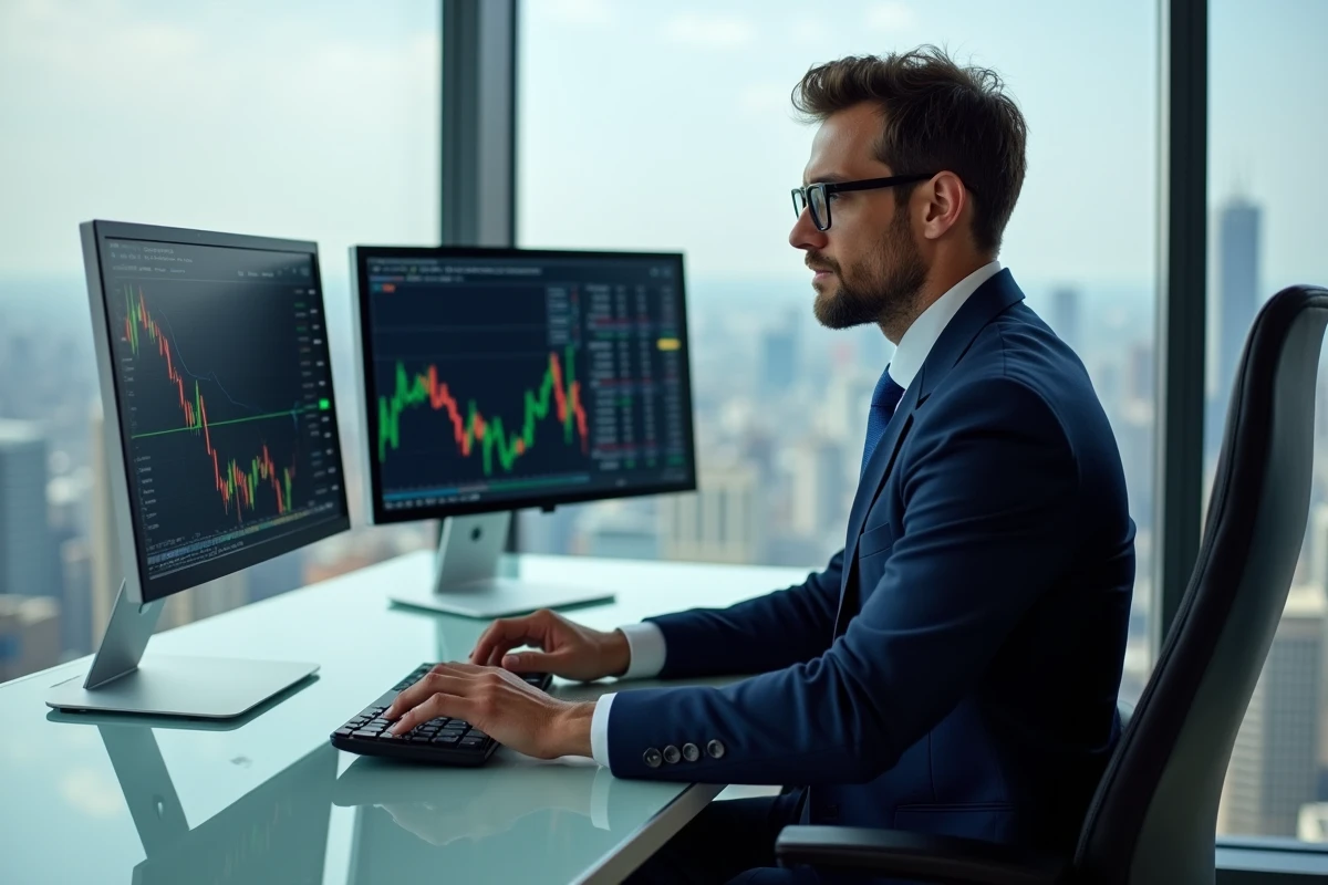 Trader confiant en costume navy dans un bureau moderne