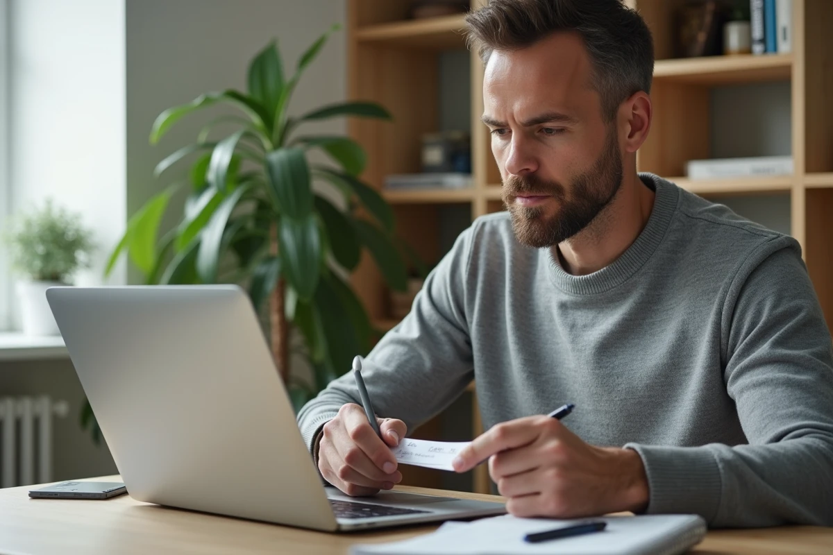 Homme vérifiant son code banque Crédit Agricole sur son espace en ligne depuis son bureau à domicile