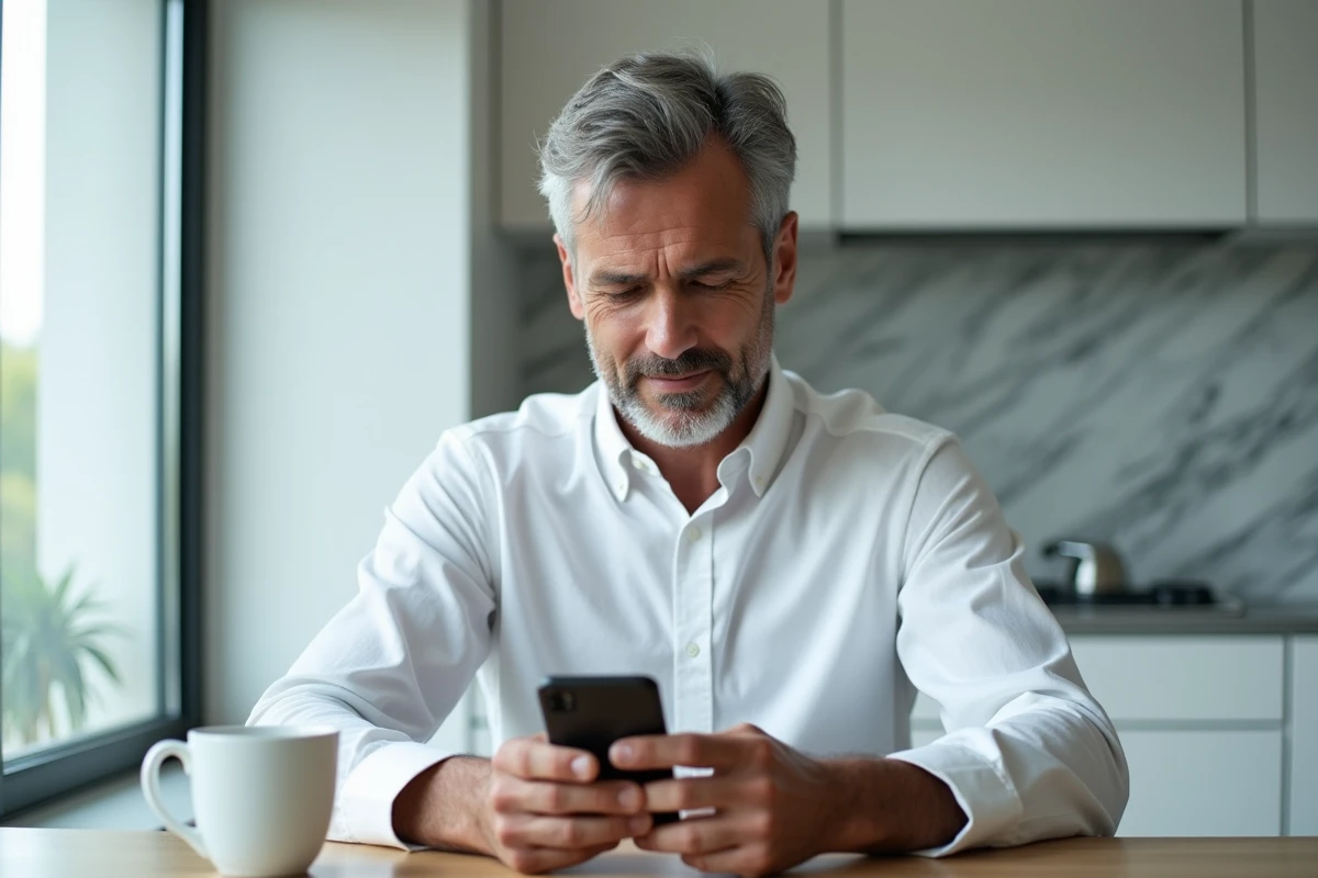 Homme vérifiant les étapes de connexion à son compte bancaire LCL sur smartphone dans sa cuisine