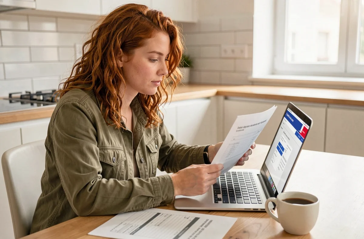 Jeune femme vérifiant l'éligibilité au formulaire H1 impôt sur son ordinateur portable