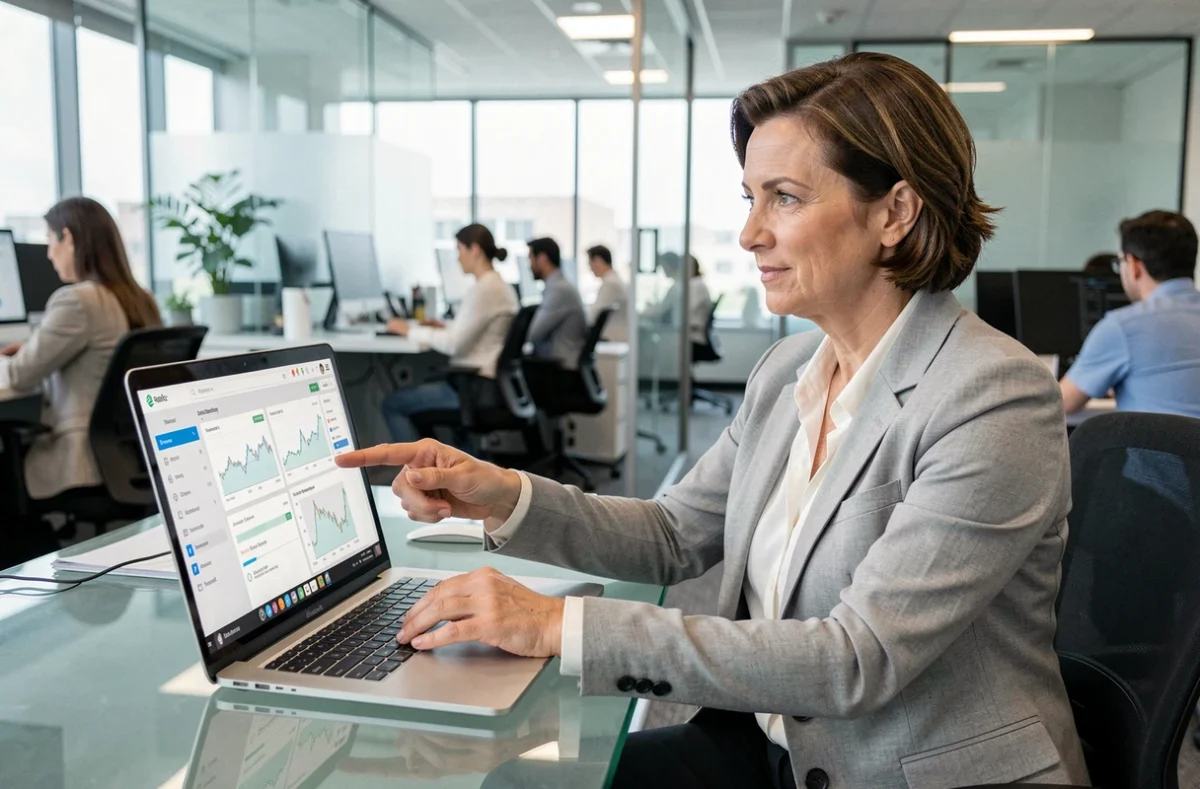Une professionnelle en bureau examinant les performances d'une plateforme d'investissement numérique, représentant l'évaluation critique de la fiabilité de Mygreenbucks Net Jones
