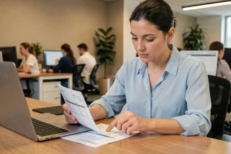 Femme vérifiant sa fiche de paie au bureau pour contrôler son salaire au SMIC
