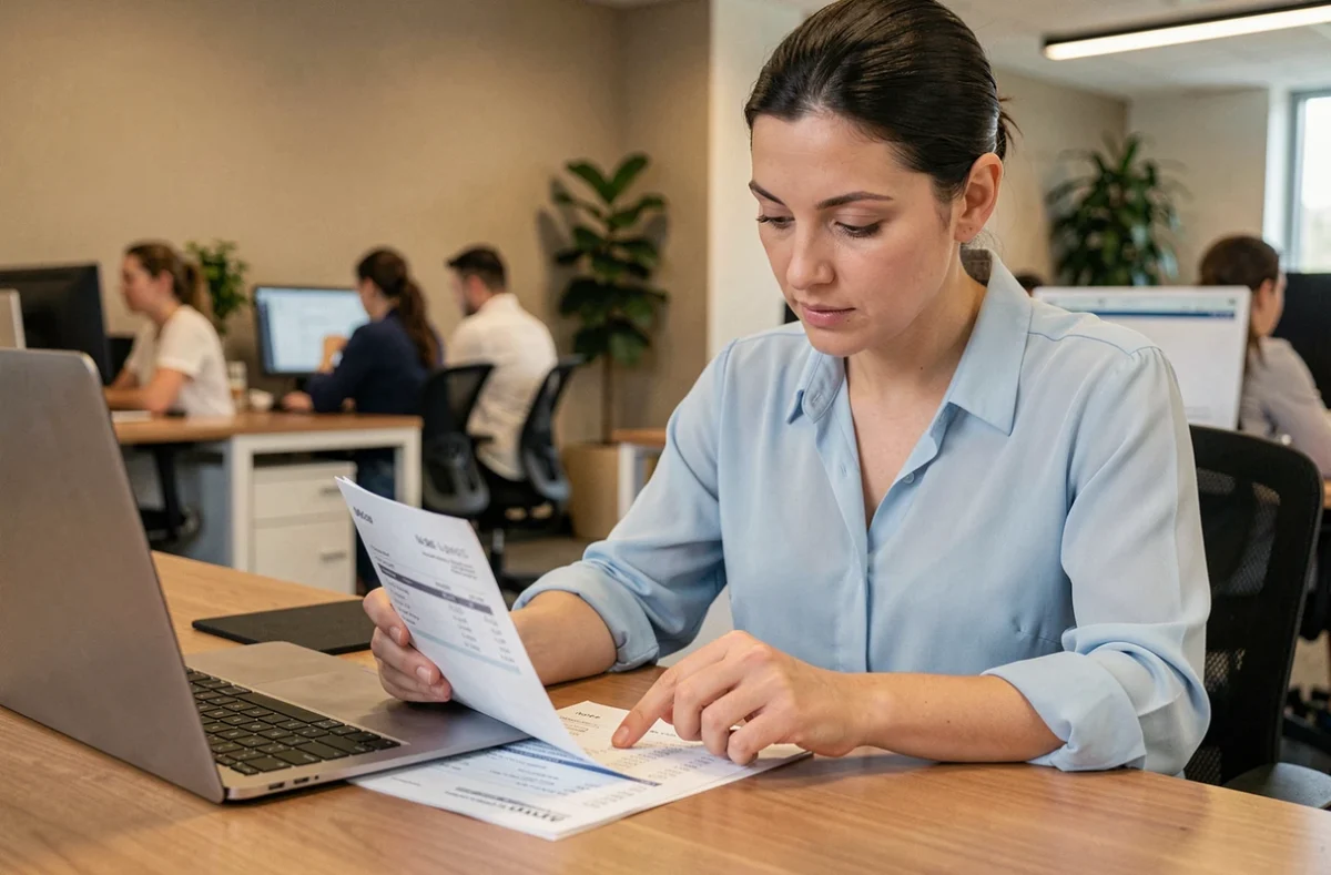 Femme vérifiant sa fiche de paie au bureau pour contrôler son salaire au SMIC