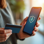 Personne tenant une carte bancaire et smartphone avec verification 3D Secure