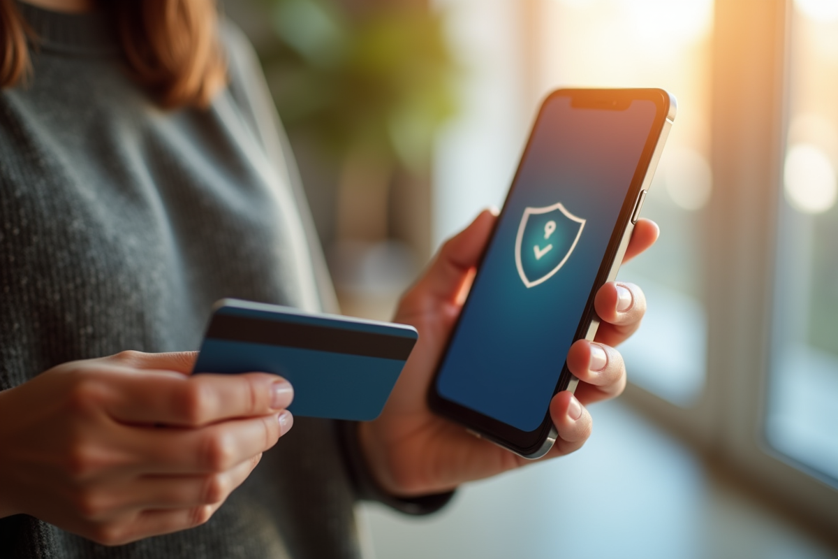 Personne tenant une carte bancaire et smartphone avec verification 3D Secure